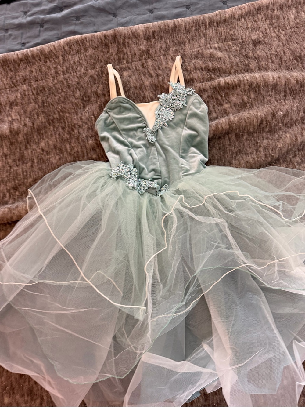 Weissman Sage Green Tulle Party Dress with Appliqué